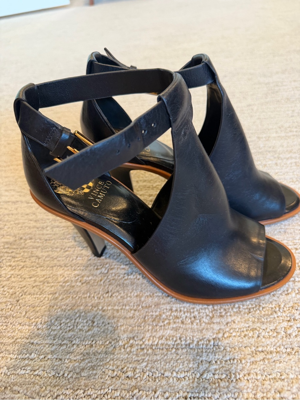 Vince Camuto Black Leather Open-Toe Ankle Sandals - Picture 2 of 5